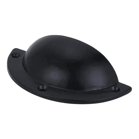 Side view of Set Of 10 Cast Iron Cup Drawer Pulls With Black Coated Finish, Dimensions 3.75 by 1.63 Inches And 3.25 Inch Cup Diameter