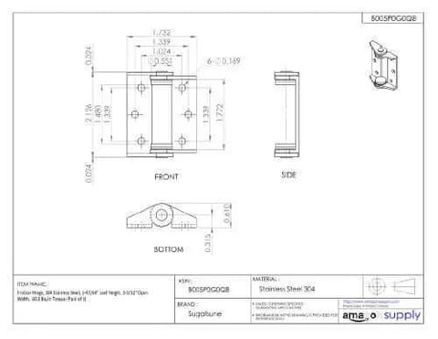 Technical drawing of Sugatsune LAMP Friction Hinge for monitors and displays, showcasing dimensions and six-hole layout in 304 stainless steel.