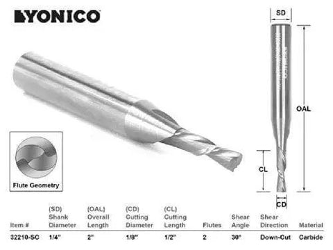 Downcut Spiral Router Bit For Clean Top Edges And Dadoing In Laminate Or Veneer Finish, One Eighth Inch Diameter, One Quarter Inch Shank, Two Flute Solid Carbide CNC End Mill Yonico Model 32210SC in product diagram showing specifications and dimensions.
