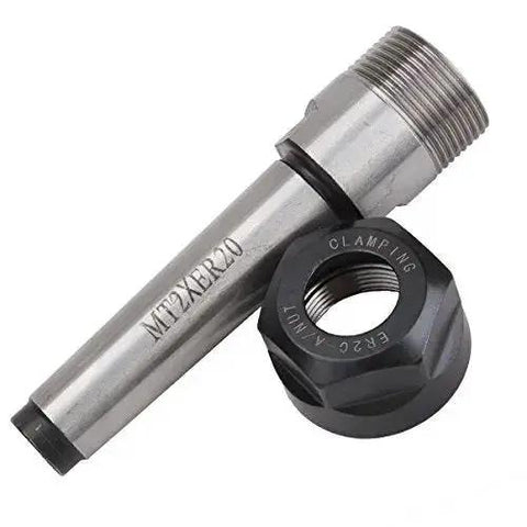 ER20 MT2 Collet Chuck Holder with M10 Drawbar, showing close-up of precision ground steel shank and 34mm lock nut
