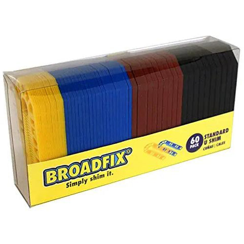 Flat Plastic Shim Set 60 Pack Multicolor for Leveling Cabinets and Furniture Durable DIY Spacers for Precise Fits Broadfix 60 Piece Pack in clear packaging.
