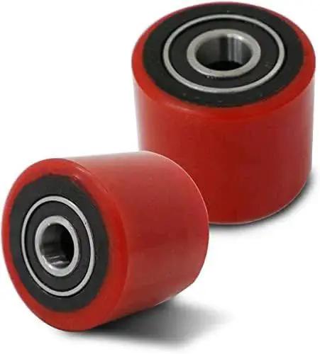 Pallet Jack Roller Wheels With Bearing, 3 Inch By 3 Point 7 Inch, 95A Red Polyurethane, Heavy Duty Replacement Pair For Manual Pallet Jack