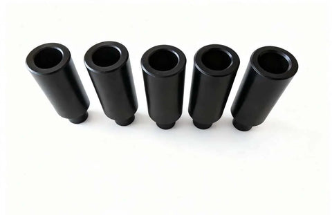 Riser Fixture Pins 10 Pack Nitrided Steel 2 Inch Height Five Eighths Inch Bottom Diameter 1 Inch Top Diameter Locator Pins For Five Eighths Inch Holes On Welding Tables Heat Treated To 550 Vickers With Case Depth 0.0004 To 0.0008, set of five pins lined up.