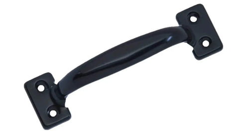 Black steel door pull, six and a half inch, surface mount, two pack with mounting hardware for barn garage screen doors, made in Taiwan.