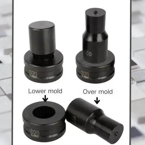Pro Grade 30 Piece Round Hole Punch Die Set for Hydraulic Punch Tool shown with molds, ideal for steel, aluminum, copper punching