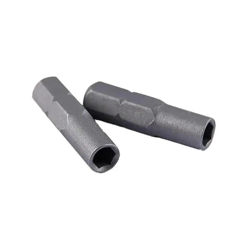 Two metallic adapters from 3 Pack Quarter Inch To Micro 6.35mm Hex Socket Screwdriver Bit Adapters, 25mm Long, on a white background.