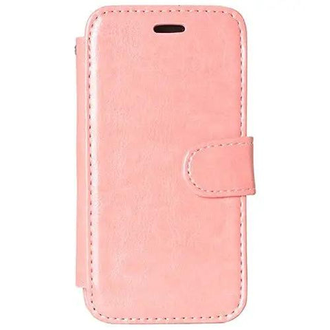 Pink leather smartphone wallet case with magnetic clasp, showing front view cover and stitch detailing.