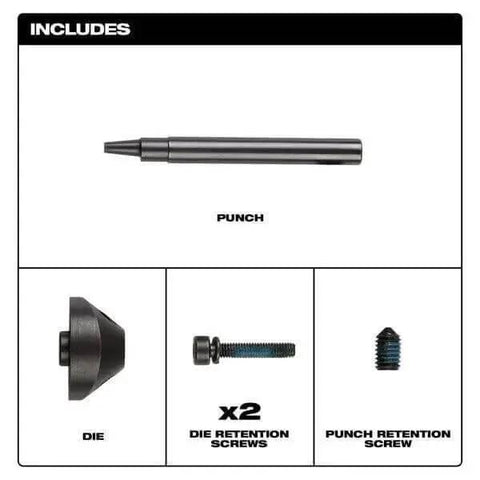 Included components of Punch And Die Set 48-44-0272 for M12 FUEL 16 Gauge Nibbler: punch, die, two die retention screws, punch retention screw.