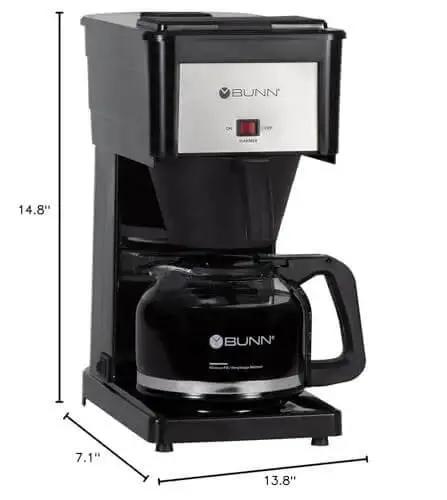 Velocity Brew High Altitude 10-Cup Home Coffee Maker With Speed Brew Tech And Stainless Steel Hot Water Tank For Consistent Quick Brews At 4000 Feet And Higher, front view showing dimensions