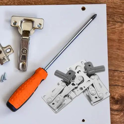 Soft Close 45 Degree Cabinet Door Hinges With Spring Loaded Tip-Out Pivot For Furniture 1 Pair No Slam Quiet Slow Close Kitchen Cabinet Hardware Hemobllo with orange-handled screwdriver on white surface.