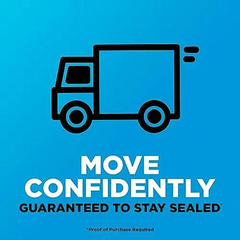 Icon of delivery truck with text 'Move Confidently Guaranteed to Stay Sealed'