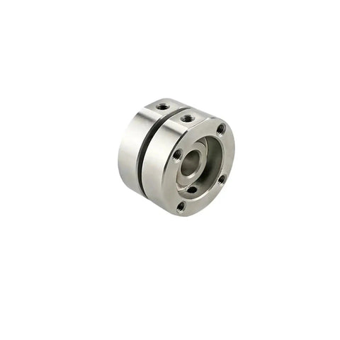 Angled front view of 360° rotating disc damping hinge, iron, with central bore and six mounting holes.
