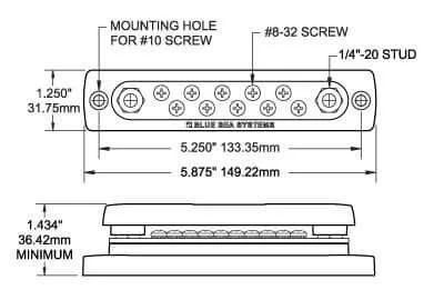 Diagram of Heavy Duty 150 Amp Common Bus Bar With Ten Screws And Cover For Marine DC Power Systems showing dimensions.