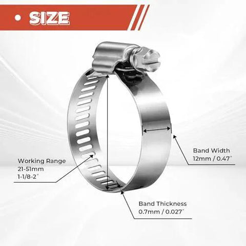 24 Pack 1 1/8 To 2 Inch Worm Gear Hose Clamps Adjustable Range 27-51mm 304 Stainless Steel Durable Corrosion Resistant Hose Clamps For Pipe Plumbing Automotive Marine Industrial Applications And Mechanical Equipment displayed with size measurements.