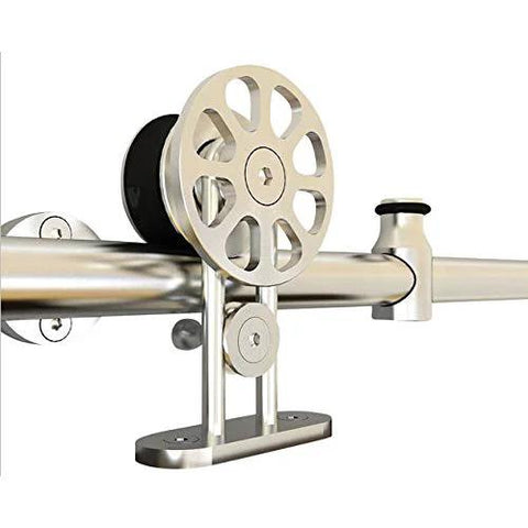 Stainless Steel Sliding Barn Door Hardware Kit for 10 Foot Double Track Set Satin Finish Built Tough for Up To 200 Lb Doors