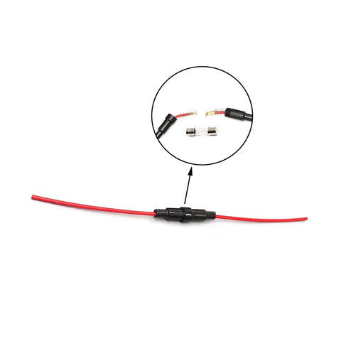 Inline Screw Type 16 AWG Fuse Holder Kit With 10 Pieces And 100 Pieces Of Quick Fast Blow Glass Fuses 5x20mm shown installed with wiring.