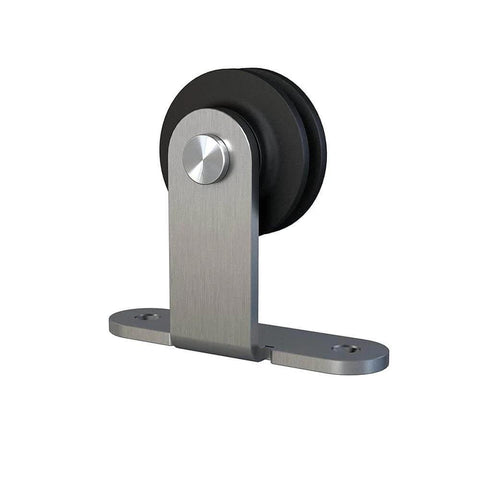 Brushed Nickel Sliding Barn Door Hardware Kit With Flat Track And Top Mounted Rollers side view, carbon steel construction.
