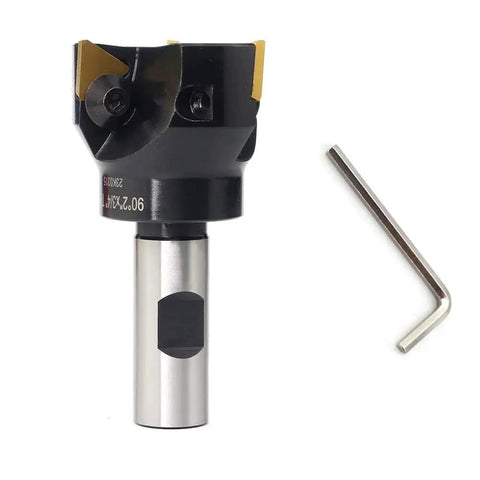 Front view of Indexable Carbide End Mill Workhorse With Three Quarter Inch Shank And Two Inch Cutting Diameter Ninety Degree Tool Three Flutes Three Piece Tin Coated Inserts TPCN32PDTR For High Speed Milling And Long Tool Life, including tool and wrench.