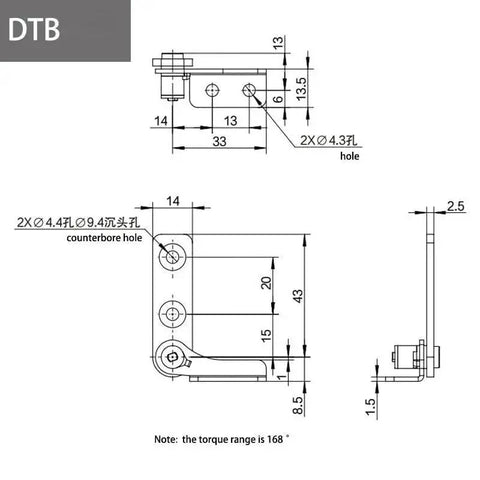 Stainless steel damping hinge with adjustable torque stop; DTB front and side views with mounting holes (1 pc)