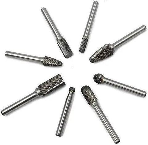 Eight Piece Double Cut Carbide Burr Set With One Quarter Inch Shank For Die Grinder And Rotary Tools Ideal For Metal Wood Carving Engraving Polishing Drilling Includes Eight High Performance Tungsten Carbide Burrs By YUFUTOL displayed.