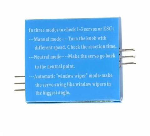 RC Servo Tester with 3 modes for servo and ESC testing, showing text instructions on blue casing for manual, neutral, and automatic modes.