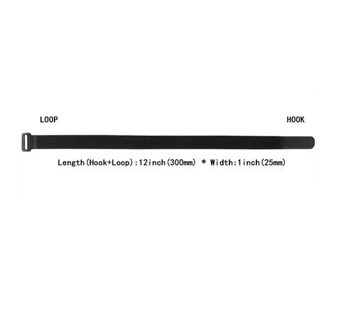 Single black cable tie, 12x1 inch, part of the Twenty Pack Reusable Cable Ties And Straps 12x1 Inch Adjustable Hook And Loop Nylon Fasteners For Cable Management, Multi Purpose Wire Organizer Straps For Home Office Garage And Do It All Projects.