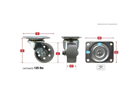 2 Inch Cast Iron Swivel Plate Caster With Silver Wheel And Heavy Duty Ball Bearing Mount 125 Lb Load Capacity Per Caster Industrial Top Plate Size Two By Two And One Half Inches Two And One Half Inch Clearance Height Designed For Long Wear Life, showing front, side, and top views with measurements.