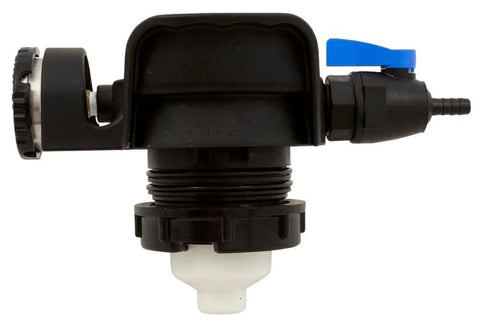 Waterway Pressure Relief Valve Assy, Crystal Water; black valve body with blue lever and white outlet, HD 550-6730.