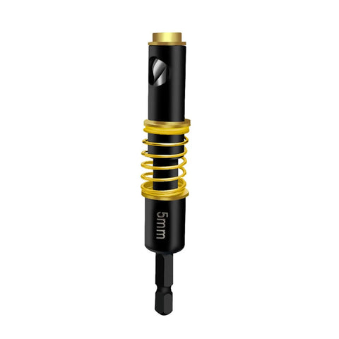Close-up of a 5mm black and gold drill bit for the Shelf Pin Drilling Jig For Wobble Shelves No Fuss Quick Setup One Quarter Inch And Five Millimeter Hole Locator Accurate Shelf Peg Hole Jig For Woodworking Cabinets And DIY Shelving Projects.