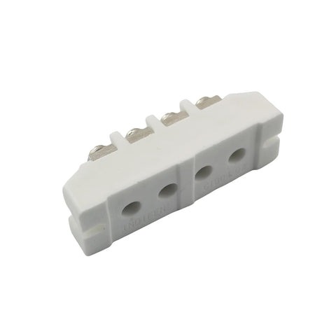 White ceramic four-position terminal block with screw terminals, 83x26x26mm, for high-current electrical connections.