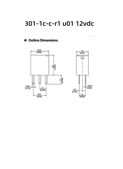 Outline dimensions of 301-1c-c-r1 u01 12vdc relay with measurements for Four Pack 12V DC Automotive Relays SPDT 35A 5 Pin High Current