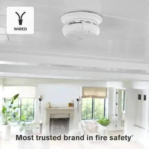 Combination Smoke And Carbon Monoxide Alarm With Interconnect Hardwired Power And Battery Backup installed on ceiling, Model SMCO100VAC