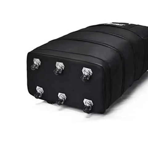 Expandable Extra Large Travel Duffel Bag With Six Wheel Spinner showing base with six 360-degree wheels, waterproof Oxford fabric for travel and moving.
