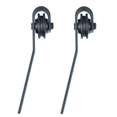 Close-up of black rollers from 10Ft Sliding Library Ladder Hardware Kit For Home Office With Bottom Wheels And Brakes, 300 Lb Max Load