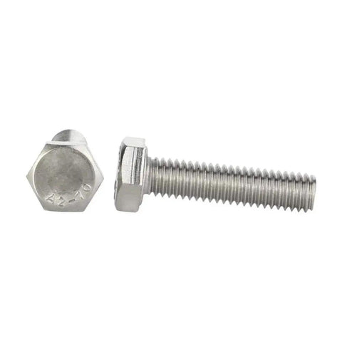 Stainless Steel Hex Head Bolt 1/4-20 X 1 Fully Threaded With 18-8 304 Stainless Plain Finish 25 Pack, front and side view