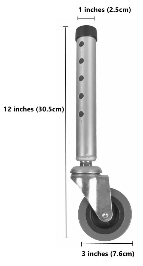 Five Height Adjustable Swivel Walker Caster Wheels Set Of 2, 3-Inch Wheel Diameter With Universal 1-Inch Leg Tubes.