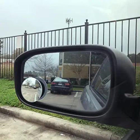 Blind Spot Mirror Set For Cars 2 Inch Round HD Glass Frameless Convex Rear View Mirrors Pack Of 2 Ampper attached to a car's side mirror.