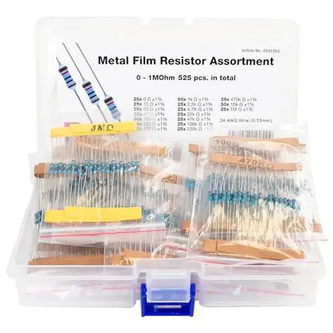 Metal film resistor assortment kit, 525 pieces, 0 Ω–1 MΩ, 1/4W, 1% tolerance, 24AWG, in plastic storage case
