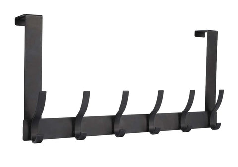 Black metal over-the-door 6-hook hanger for coats and accessories