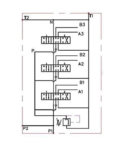 Hydraulic circuit diagram for Monoblock Hydraulic Directional Control Valve with Two Spool and Single Float Detent for Heavy Equipment.