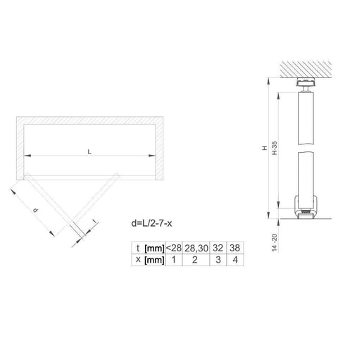 Technical diagram of Closet Door Hardware Kit For Two Folding Panels With A 29 Inch Ceiling Track Cut To Fit Opening Supports Up To Thirty Lbs Per Door Fits Door Thickness From Three Quarters Inch To One And Three Eighths Inch Easy Install For Bifold Closet Doors.