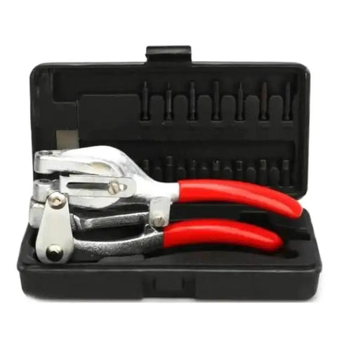 Heavy Duty Hand Held Hole Punch Kit For Sheet Metal With Power Punch Tool in carry case with red handles and accessories
