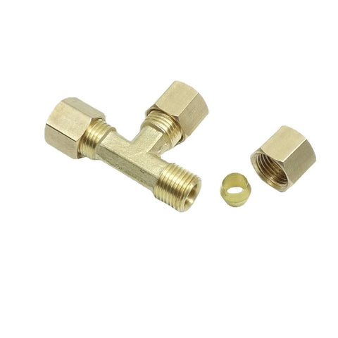 Brass compression T-fitting union tee for 1/4 inch tube OD, with two nuts