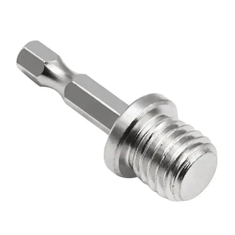Close-up of a metal drill converter from the 40 Piece M14 Hex Drill Converter Tool Part For Woodworking Enthusiasts Fits Electric Wrenches And Angle Grinders Handy Wood Splitter Connector Polisher Attachment For DIY Projects set.