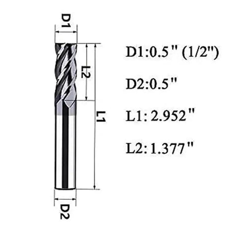 Dimensions of Two Pack Half Inch Carbide Square End Mills Set for Alloy and Hardened Steels AlTiN Coated Four Flute Milling Bits
