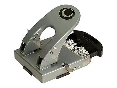 Heavy-Duty Two-Hole Punch With Chip Drawer, 50 Sheet Capacity, See-Through Window, Slide-Out Chip Bin, Silver and Navy