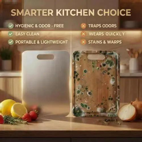 Comparison of stainless steel cutting board with easy grip handle and a stained wooden board on a kitchen counter.