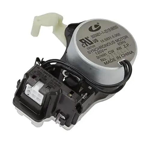 Front view of Whirlpool W10913953 top-load washer shift actuator replacement part; metal motor with white lever.