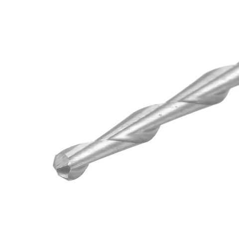 Close-up view of a spiral upcut two-flute solid carbide cutter from the Top Notch Ball Nose End Mills Set For CNC Router Bits By Uxcell Ten Piece Kit With One Eighth Inch Shank Diameters 1.0mm To 3.175mm Spiral Upcut Two Flutes Solid Carbide Cutter For PCB Acrylic Plastic Wood Aluminum Engraving And Milling.