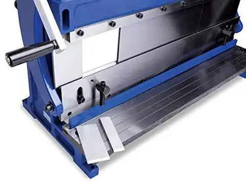 Close-up of 30 inch sheet metal shear brake and slip roll combo in a space-saving compact design for one person operation
